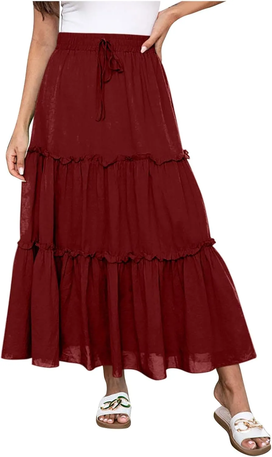 Women's Maxi Skirts Tiered A-Line Pleated Long Skirt Summer Drawstring High Waist Boho Beach Vacation Travel Outfits