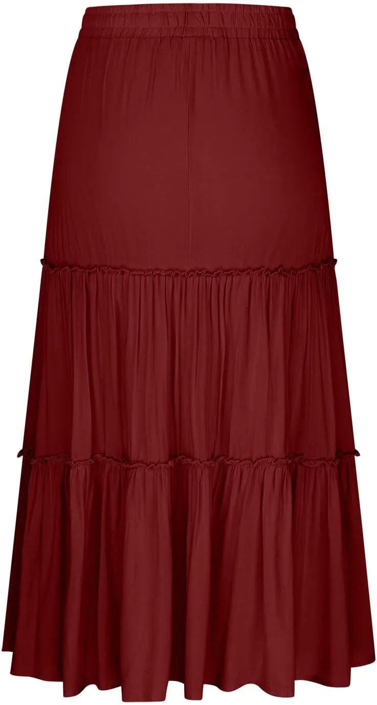 Women's Maxi Skirts Tiered A-Line Pleated Long Skirt Summer Drawstring High Waist Boho Beach Vacation Travel Outfits