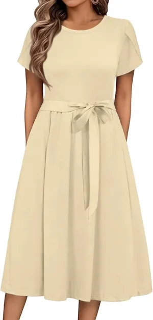 Womens Midi Dress Summer Short Sleeve Dress with Pockets 2025 Casual Floral T-Shirt Dress Flowy Beach Sundress