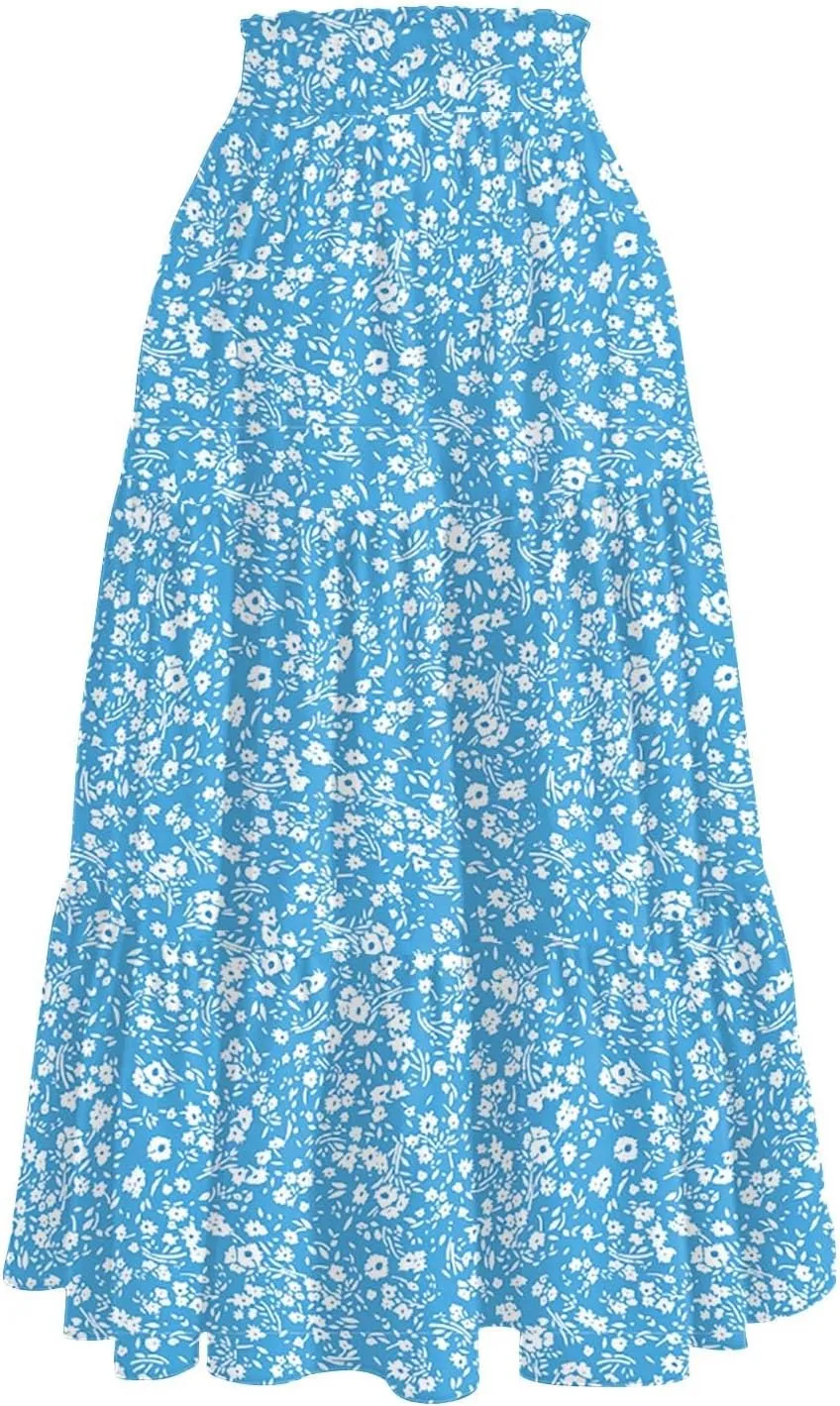 Womens Midi Skirt Elastic High Waist Pleated A-Line Flowy Skirts Boho Floral Printed Ruffle Tiered Beach Skorts