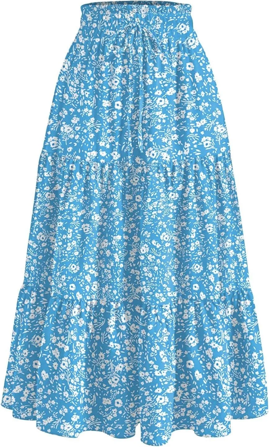 Womens Midi Skirt Elastic High Waist Pleated A-Line Flowy Skirts Boho Floral Printed Ruffle Tiered Beach Skorts