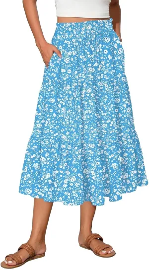 Womens Midi Skirt Elastic High Waist Pleated A-Line Flowy Skirts Boho Floral Printed Ruffle Tiered Beach Skorts