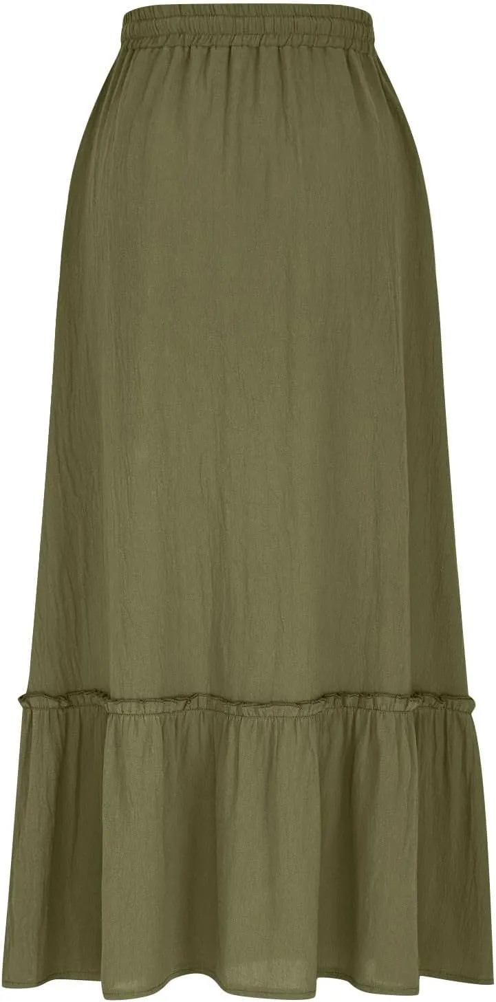 Women's Midi Summer Flowy Swing A-Line Skirts Casual Elastic Waist Tiered Long Skirt Beach Vacation Outfits Clothes