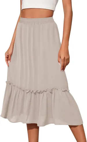 Women's Midi Summer Flowy Swing A-Line Skirts Casual Elastic Waist Tiered Long Skirt Beach Vacation Outfits Clothes