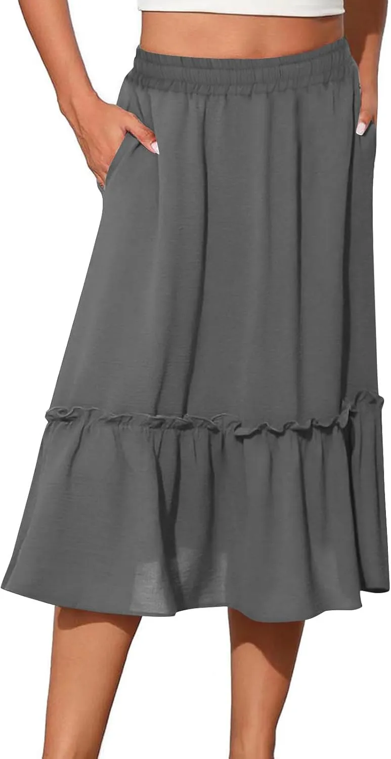 Women's Midi Summer Flowy Swing A-Line Skirts Casual Elastic Waist Tiered Long Skirt Beach Vacation Outfits Clothes