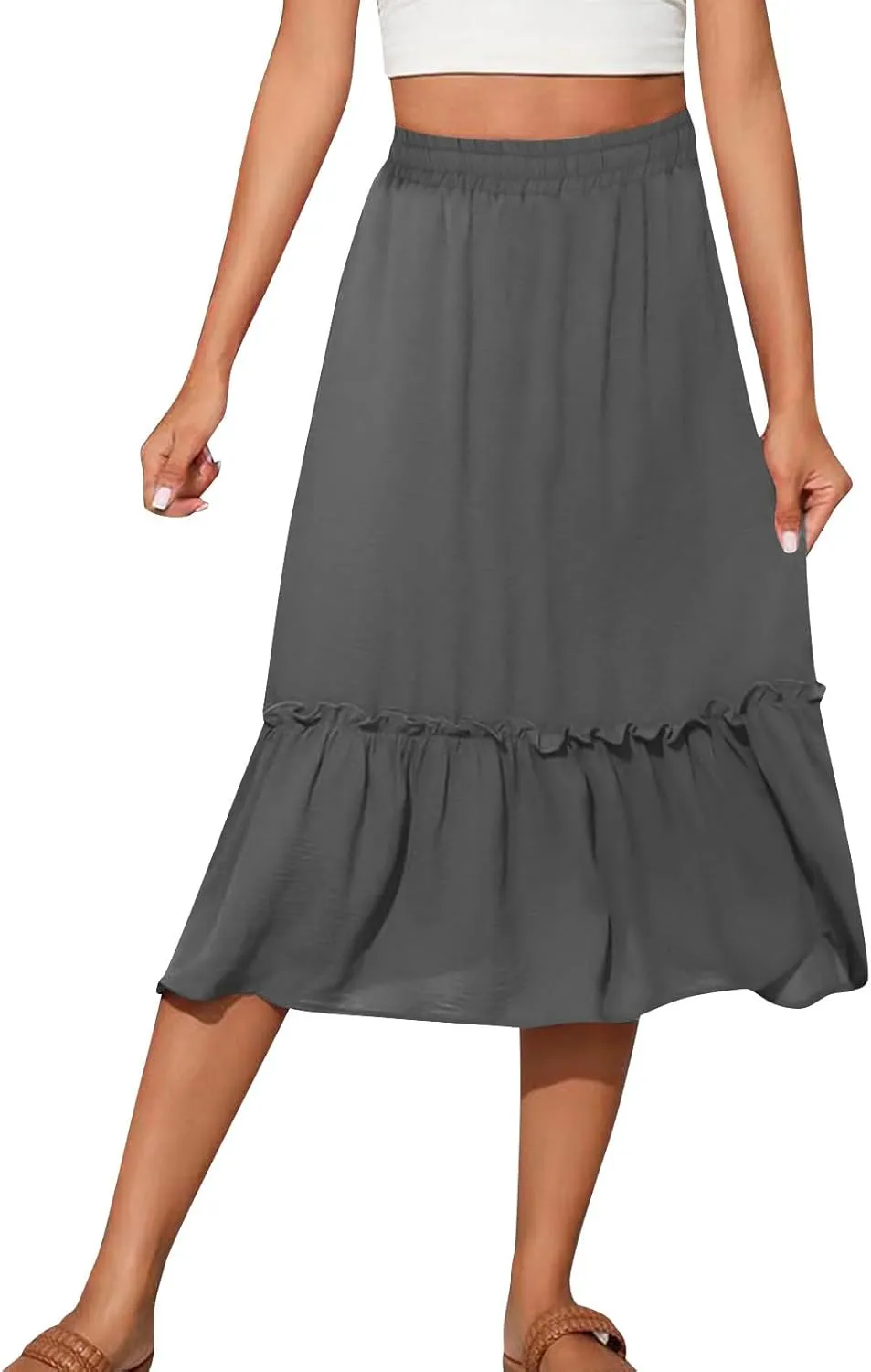 Women's Midi Summer Flowy Swing A-Line Skirts Casual Elastic Waist Tiered Long Skirt Beach Vacation Outfits Clothes