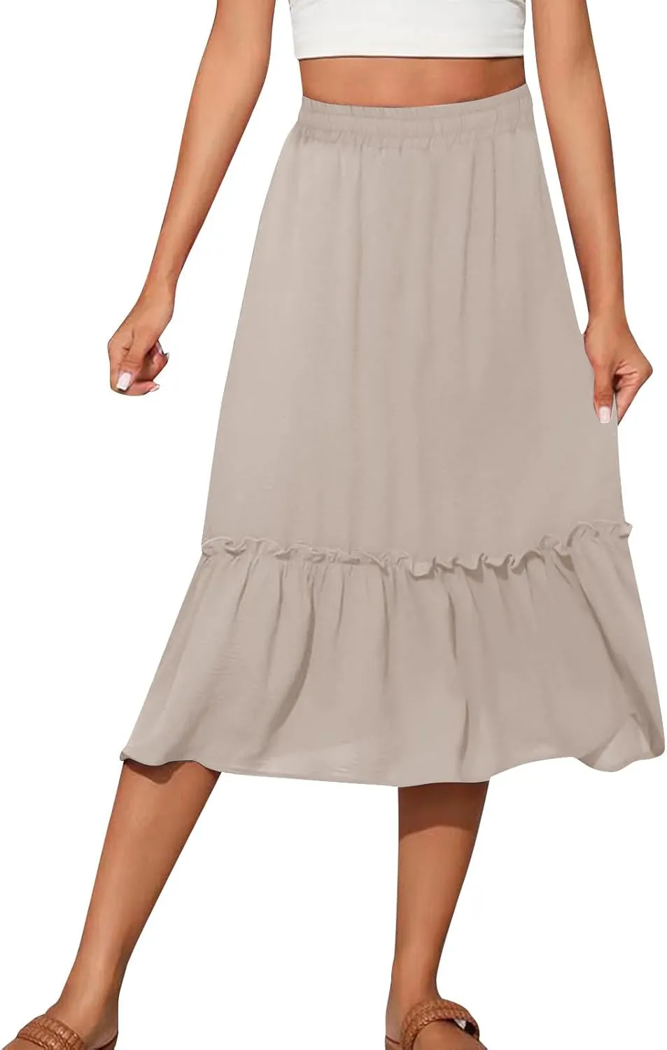 Women's Midi Summer Flowy Swing A-Line Skirts Casual Elastic Waist Tiered Long Skirt Beach Vacation Outfits Clothes