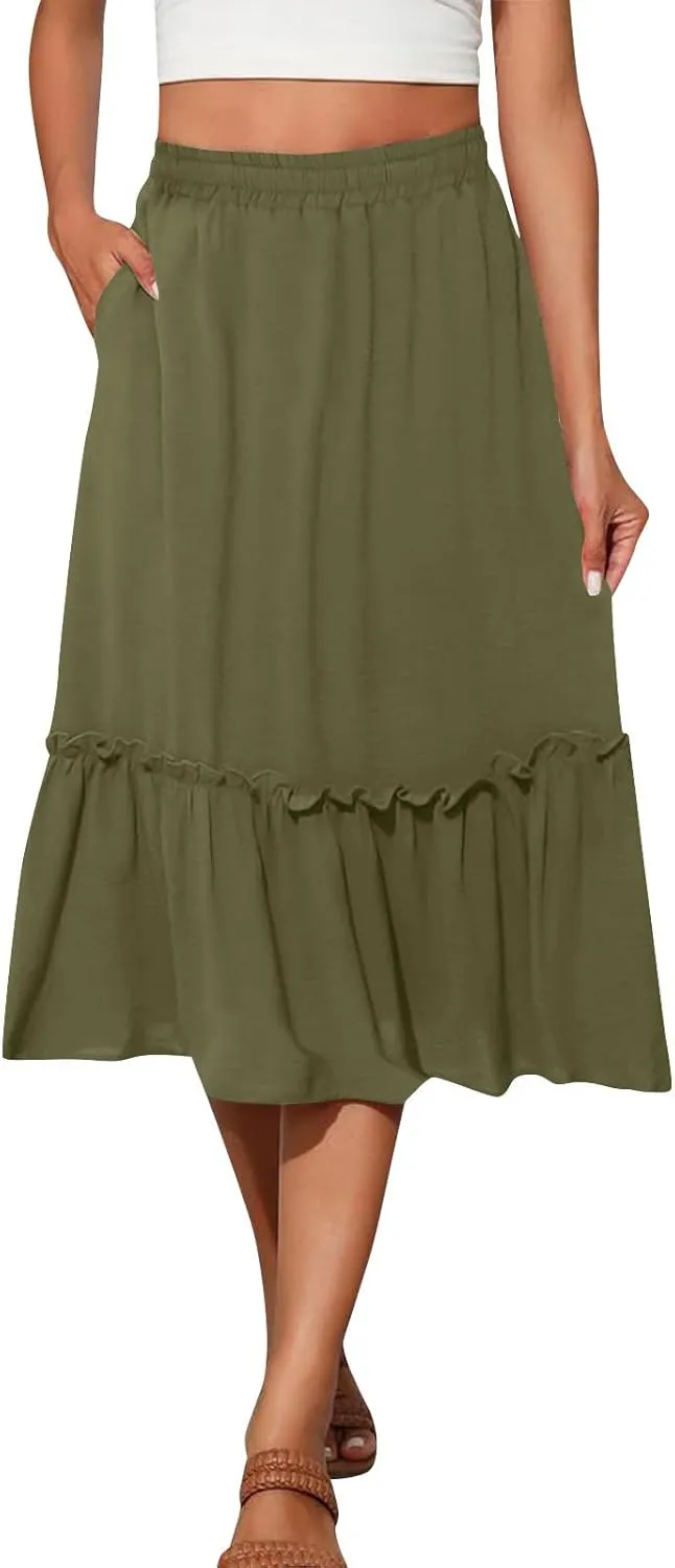 Women's Midi Summer Flowy Swing A-Line Skirts Casual Elastic Waist Tiered Long Skirt Beach Vacation Outfits Clothes