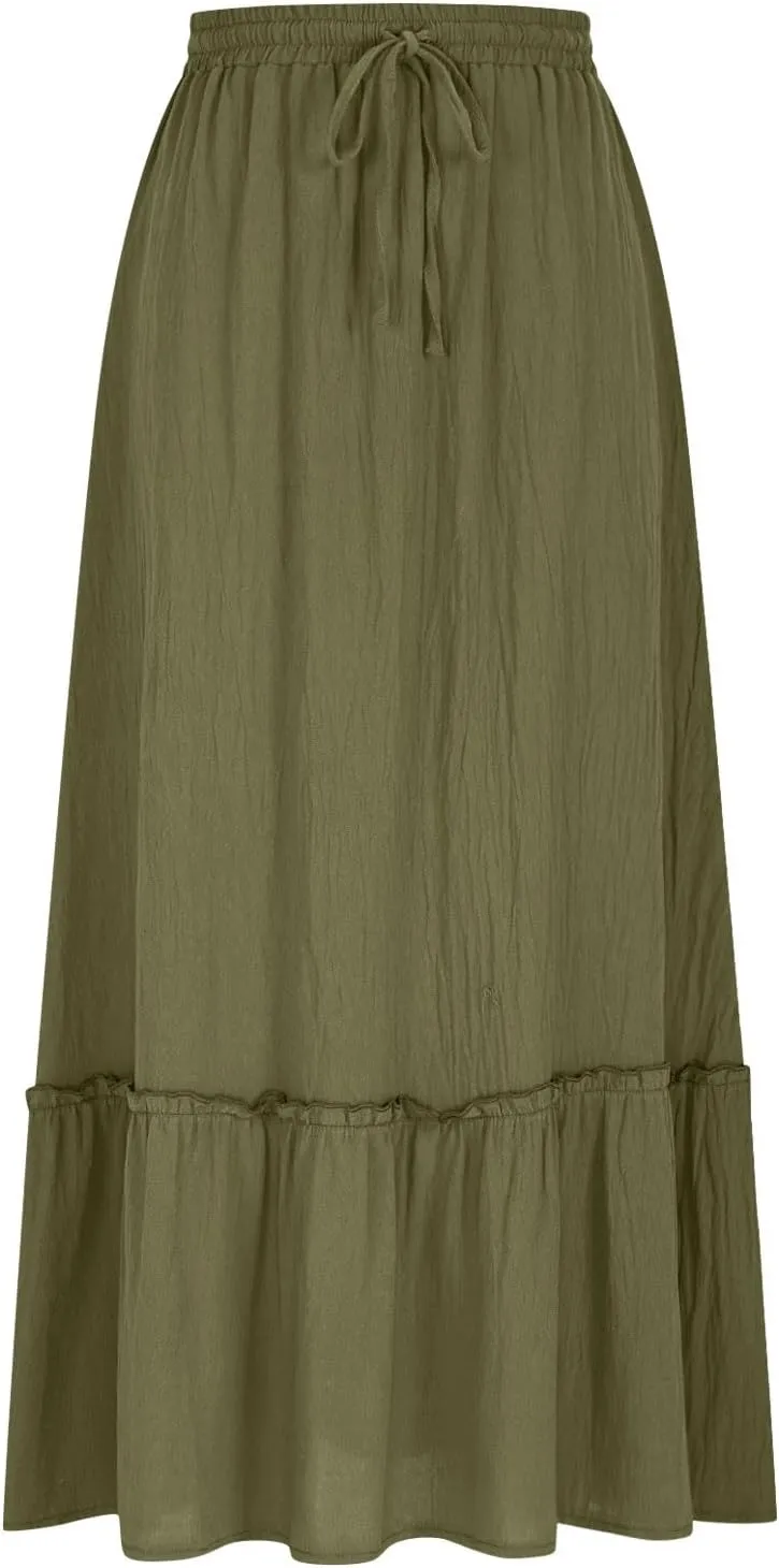 Women's Midi Summer Flowy Swing A-Line Skirts Casual Elastic Waist Tiered Long Skirt Beach Vacation Outfits Clothes