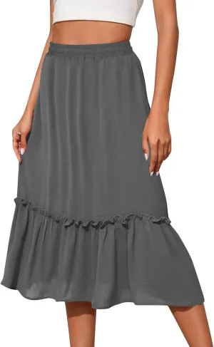 Women's Midi Summer Flowy Swing A-Line Skirts Casual Elastic Waist Tiered Long Skirt Beach Vacation Outfits Clothes