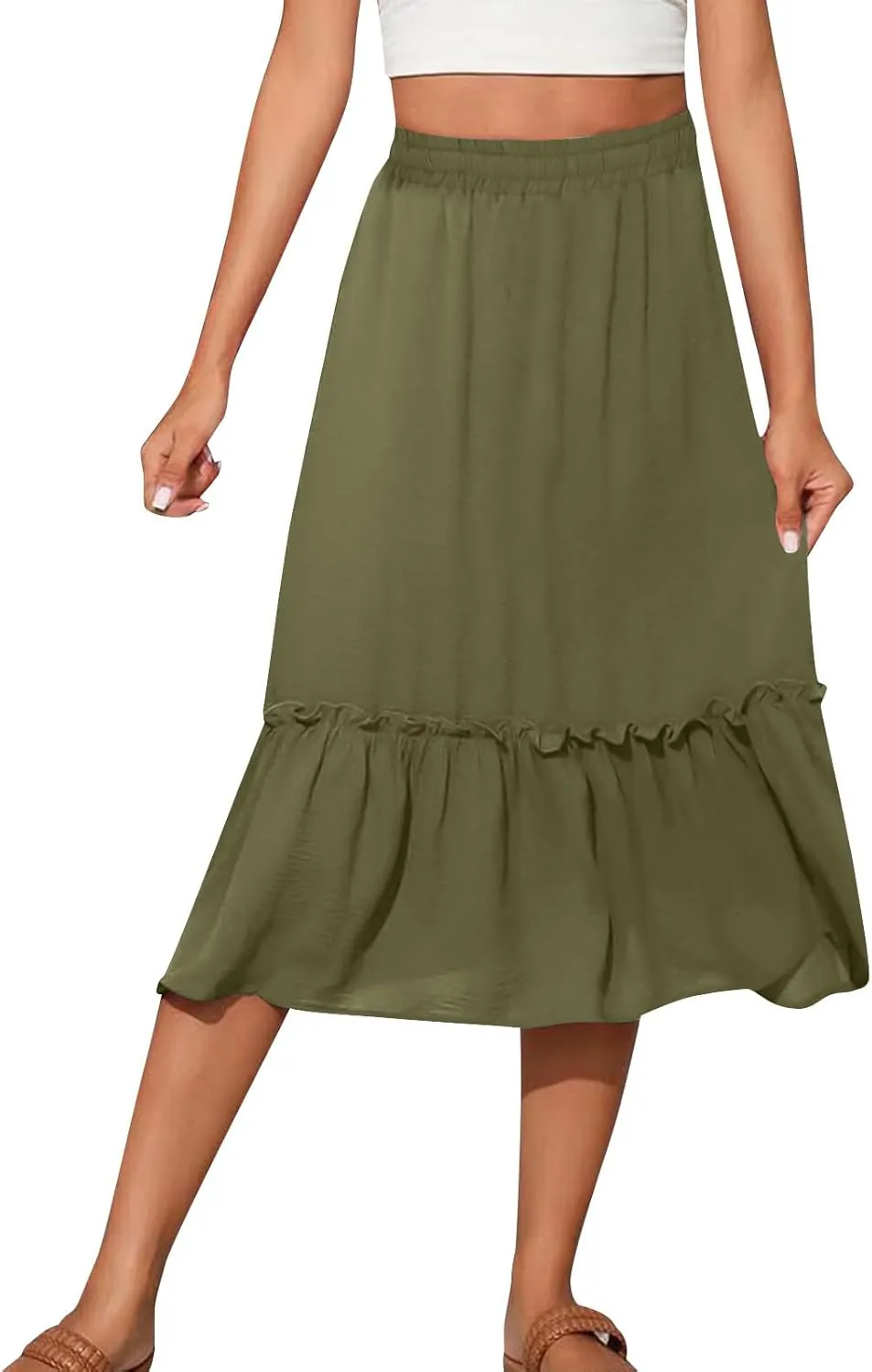 Women's Midi Summer Flowy Swing A-Line Skirts Casual Elastic Waist Tiered Long Skirt Beach Vacation Outfits Clothes