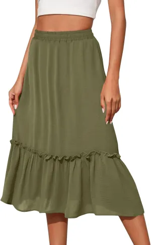 Women's Midi Summer Flowy Swing A-Line Skirts Casual Elastic Waist Tiered Long Skirt Beach Vacation Outfits Clothes