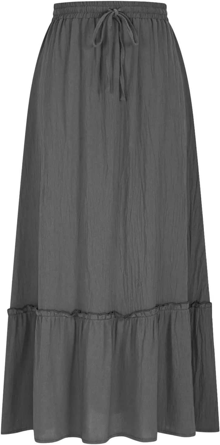 Women's Midi Summer Flowy Swing A-Line Skirts Casual Elastic Waist Tiered Long Skirt Beach Vacation Outfits Clothes