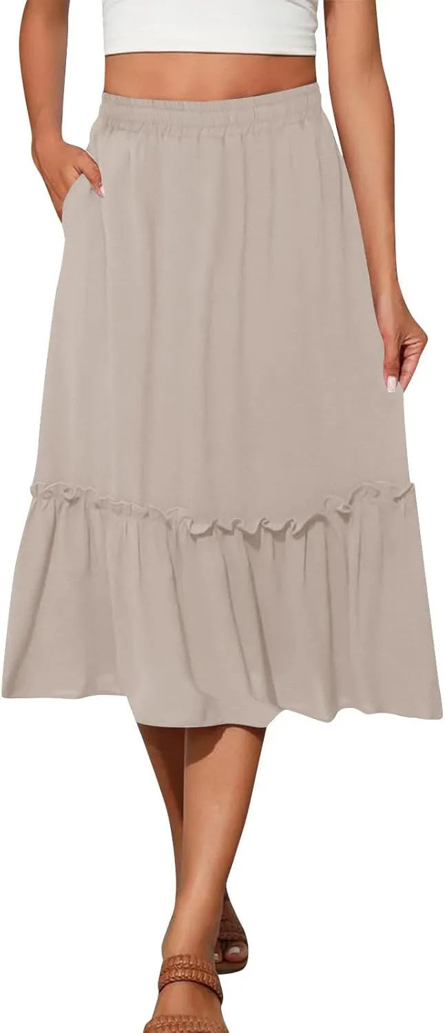 Women's Midi Summer Flowy Swing A-Line Skirts Casual Elastic Waist Tiered Long Skirt Beach Vacation Outfits Clothes