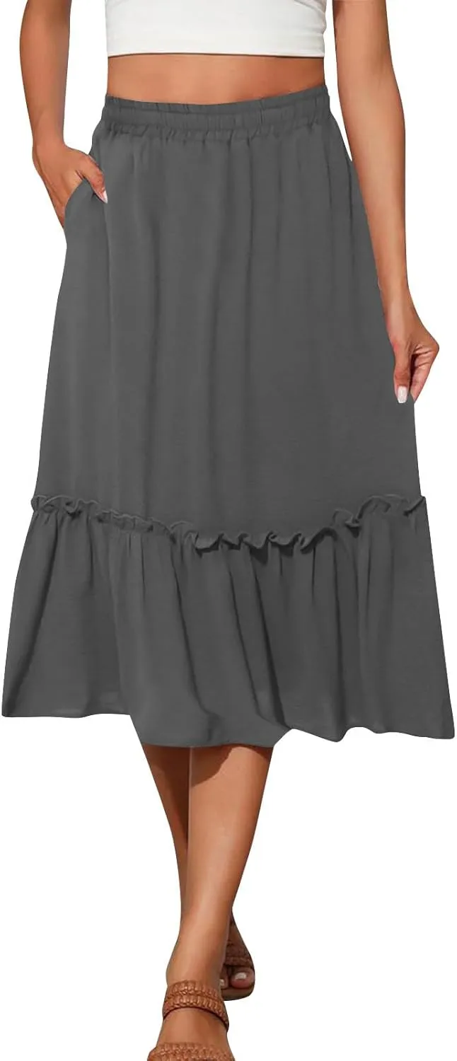 Women's Midi Summer Flowy Swing A-Line Skirts Casual Elastic Waist Tiered Long Skirt Beach Vacation Outfits Clothes