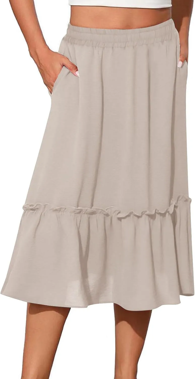 Women's Midi Summer Flowy Swing A-Line Skirts Casual Elastic Waist Tiered Long Skirt Beach Vacation Outfits Clothes