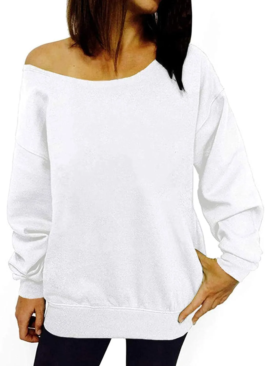 Womens Off Shoulder Sweatshirt Slouchy Long Sleeve Shirts Pullover Tops
