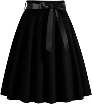 Women's Pleated A Line Skirt Bow Skater Flared Midi Skirt Vinage High Waisted Skirts Solid Color Casual Skirts