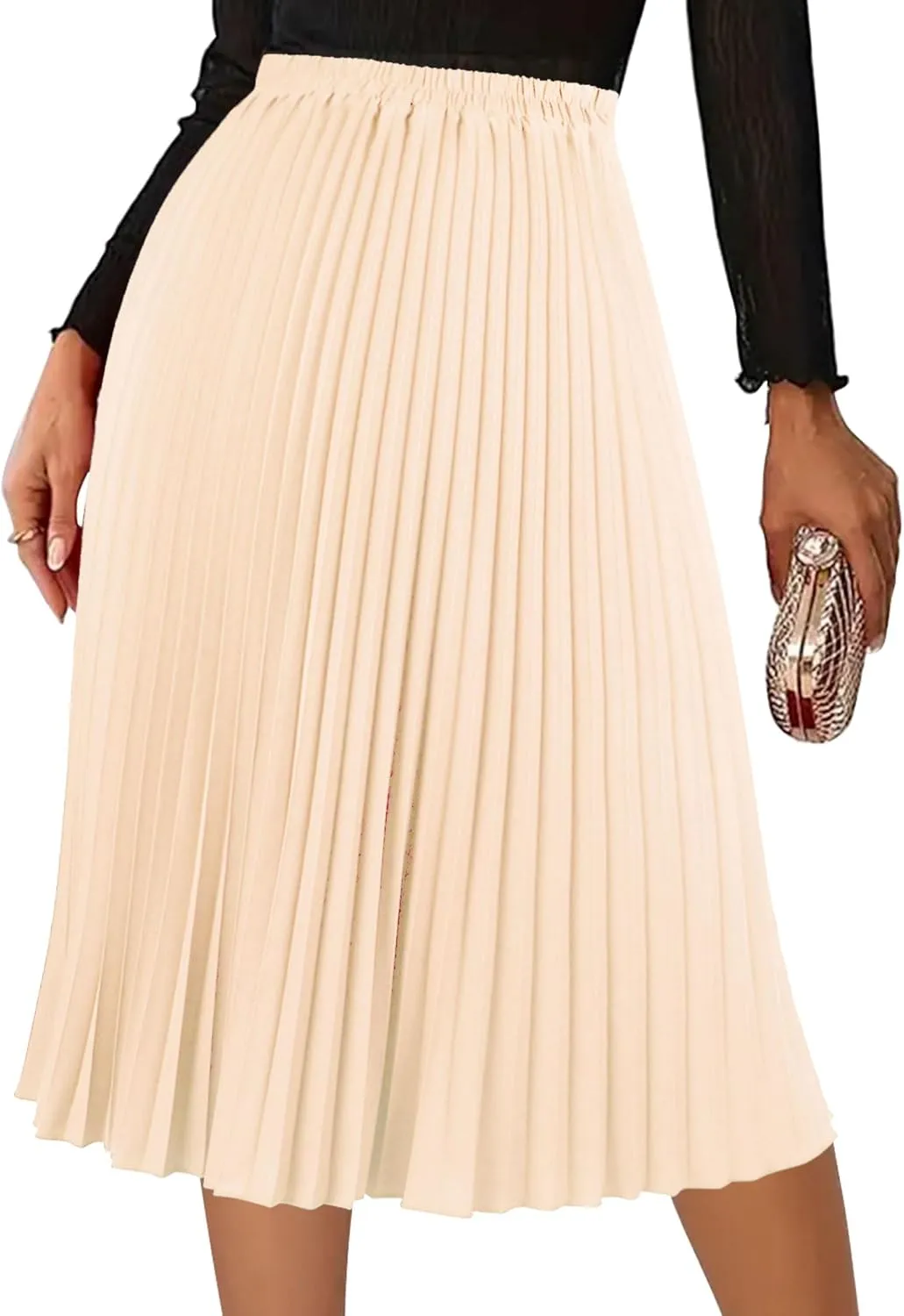 Women's Pleated Skirts High Elastic Waist A-Line Swing Skirt Midi Length