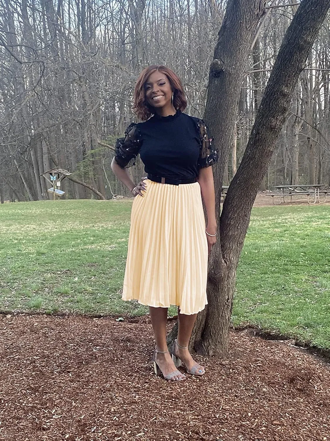 Women's Pleated Skirts High Elastic Waist A-Line Swing Skirt Midi Length