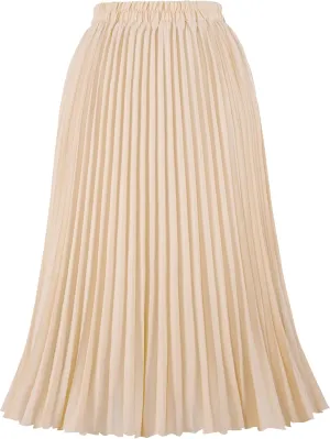 Women's Pleated Skirts High Elastic Waist A-Line Swing Skirt Midi Length