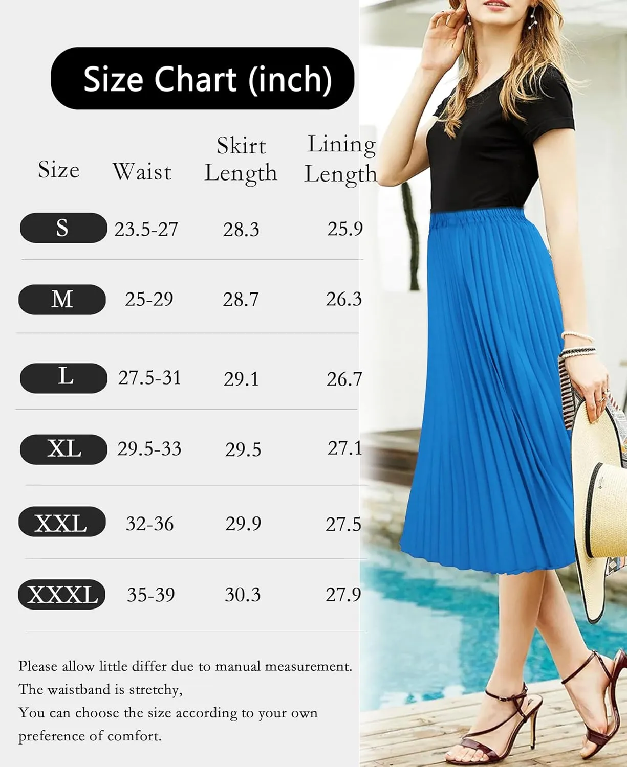 Women's Pleated Skirts High Elastic Waist A-Line Swing Skirt Midi Length