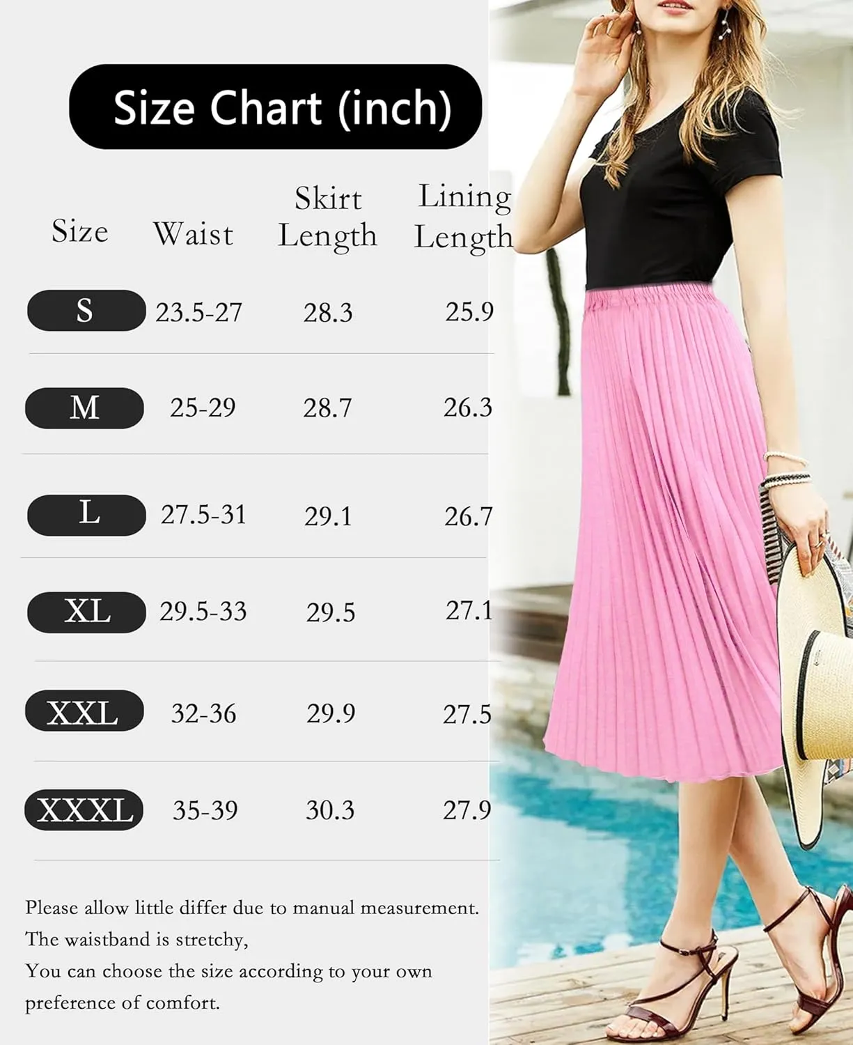 Women's Pleated Skirts High Elastic Waist A-Line Swing Skirt Midi Length