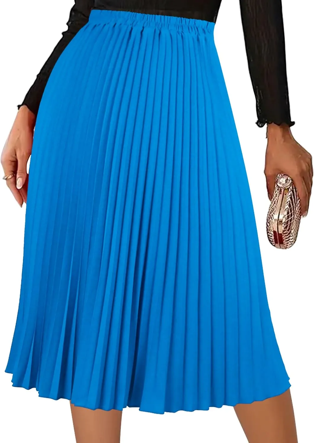 Women's Pleated Skirts High Elastic Waist A-Line Swing Skirt Midi Length