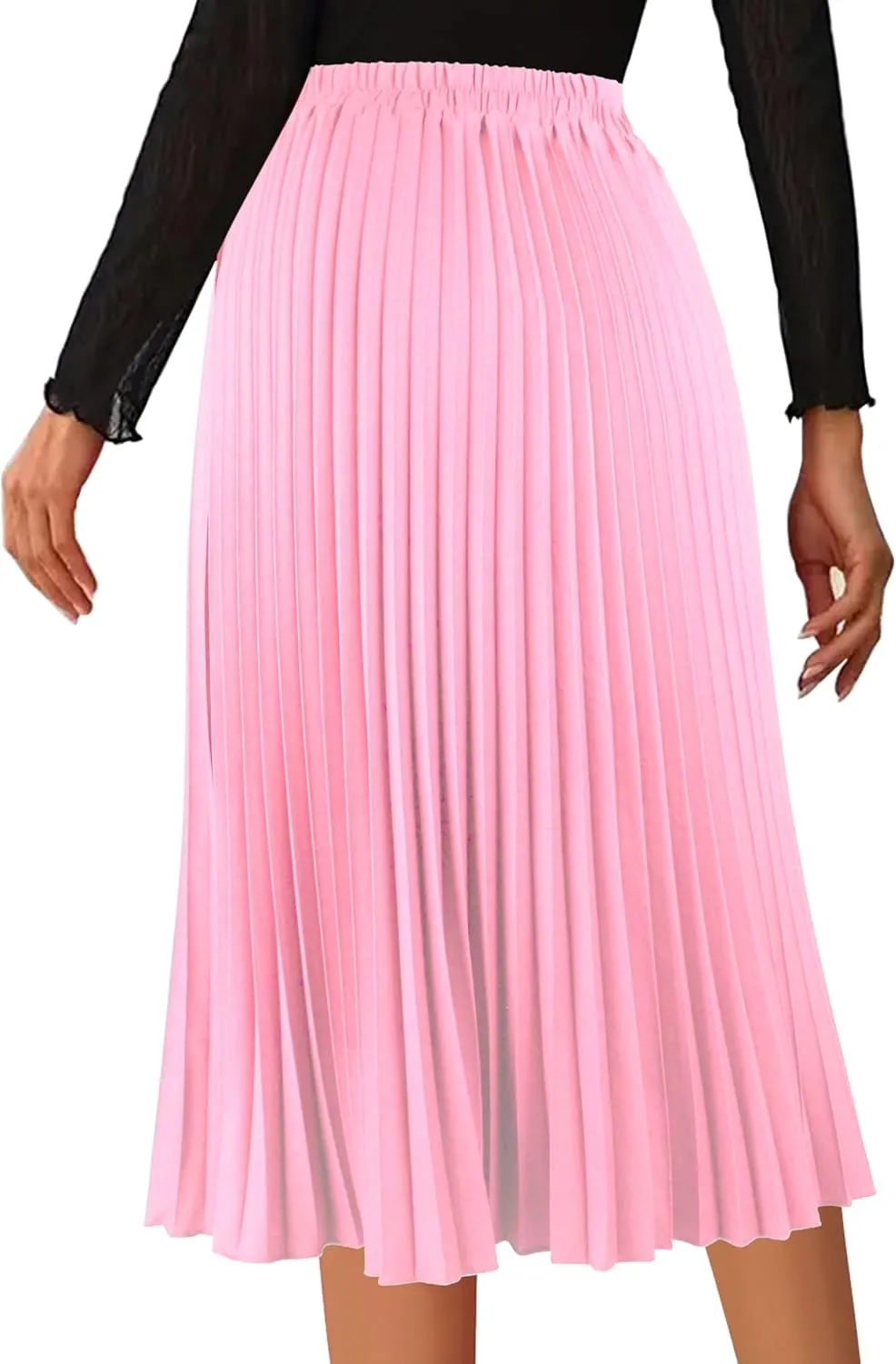 Women's Pleated Skirts High Elastic Waist A-Line Swing Skirt Midi Length