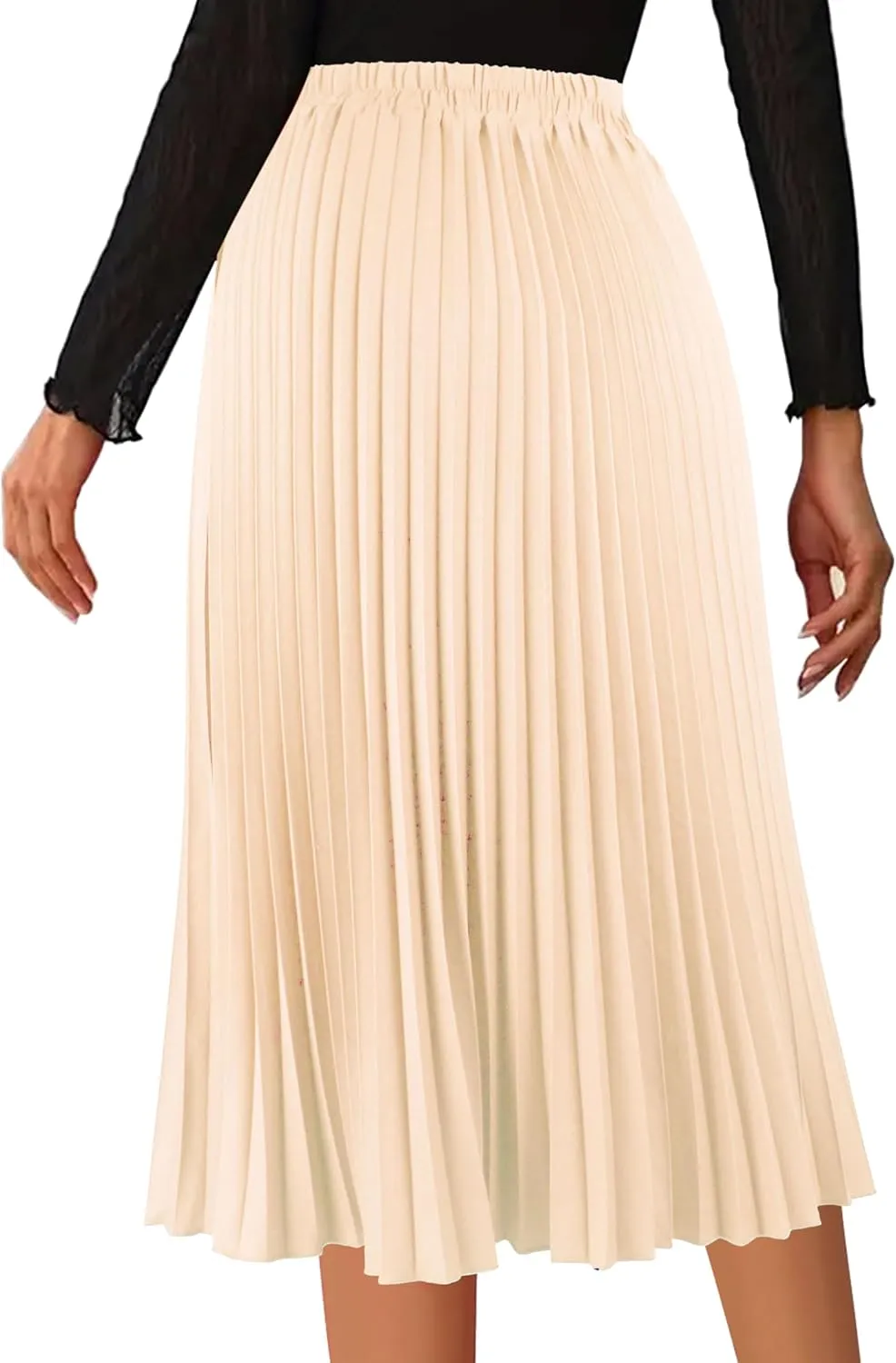 Women's Pleated Skirts High Elastic Waist A-Line Swing Skirt Midi Length