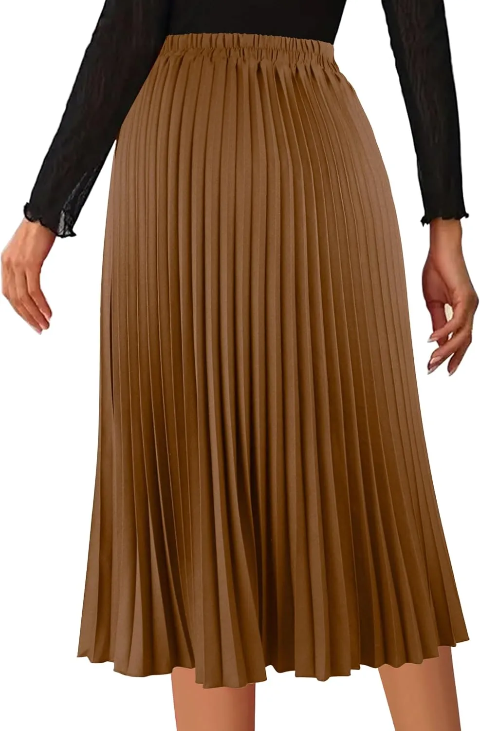 Women's Pleated Skirts High Elastic Waist A-Line Swing Skirt Midi Length