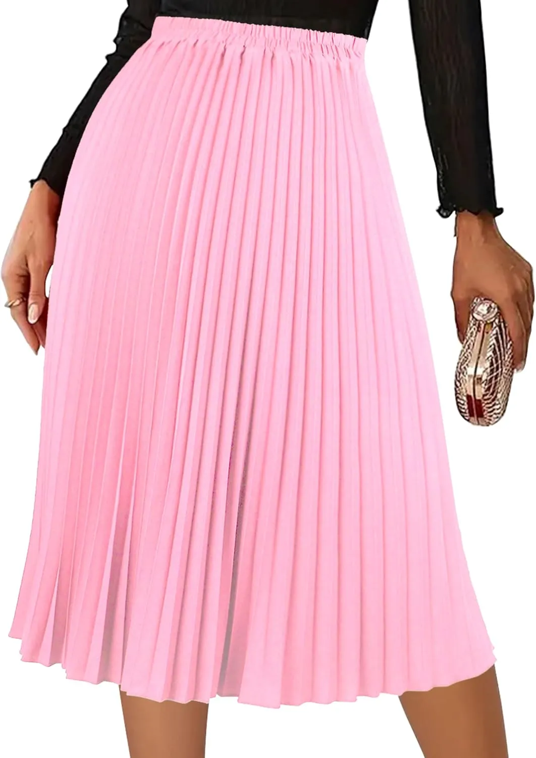Women's Pleated Skirts High Elastic Waist A-Line Swing Skirt Midi Length