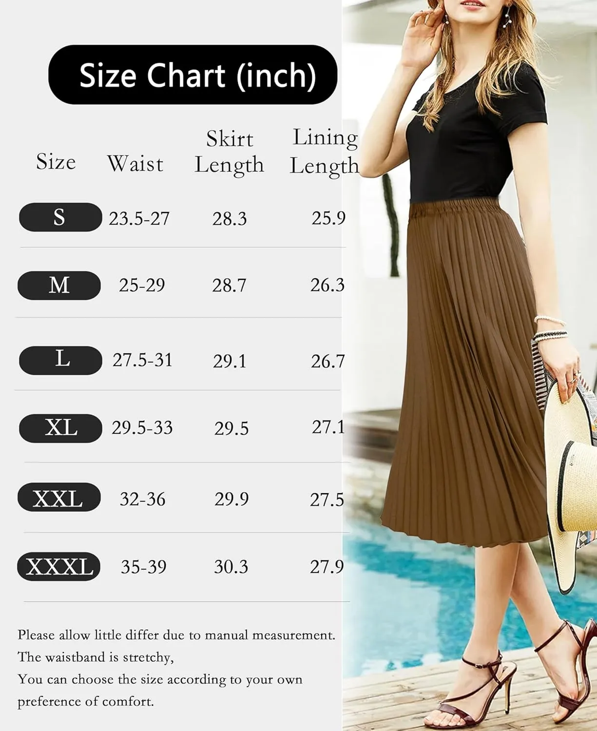 Women's Pleated Skirts High Elastic Waist A-Line Swing Skirt Midi Length