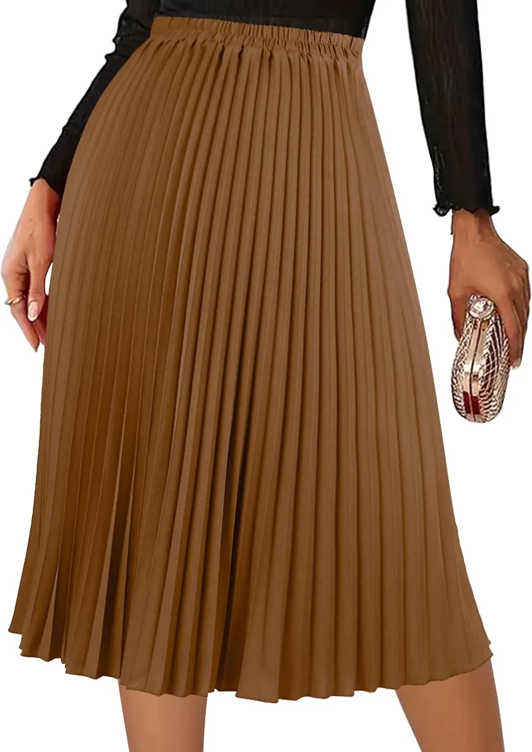 Women's Pleated Skirts High Elastic Waist A-Line Swing Skirt Midi Length