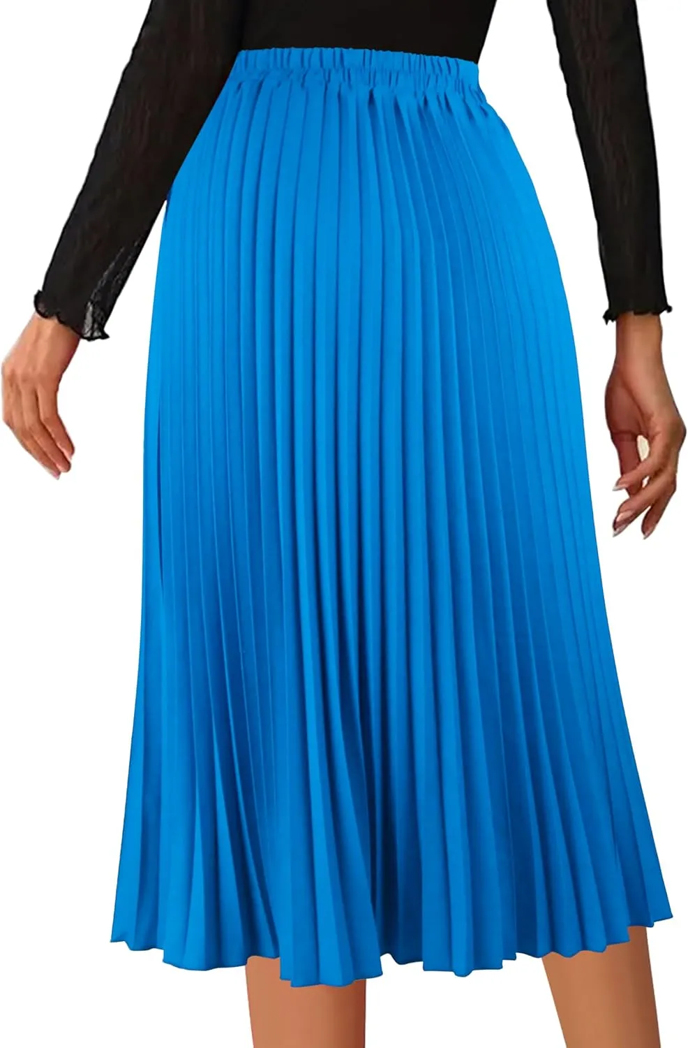 Women's Pleated Skirts High Elastic Waist A-Line Swing Skirt Midi Length