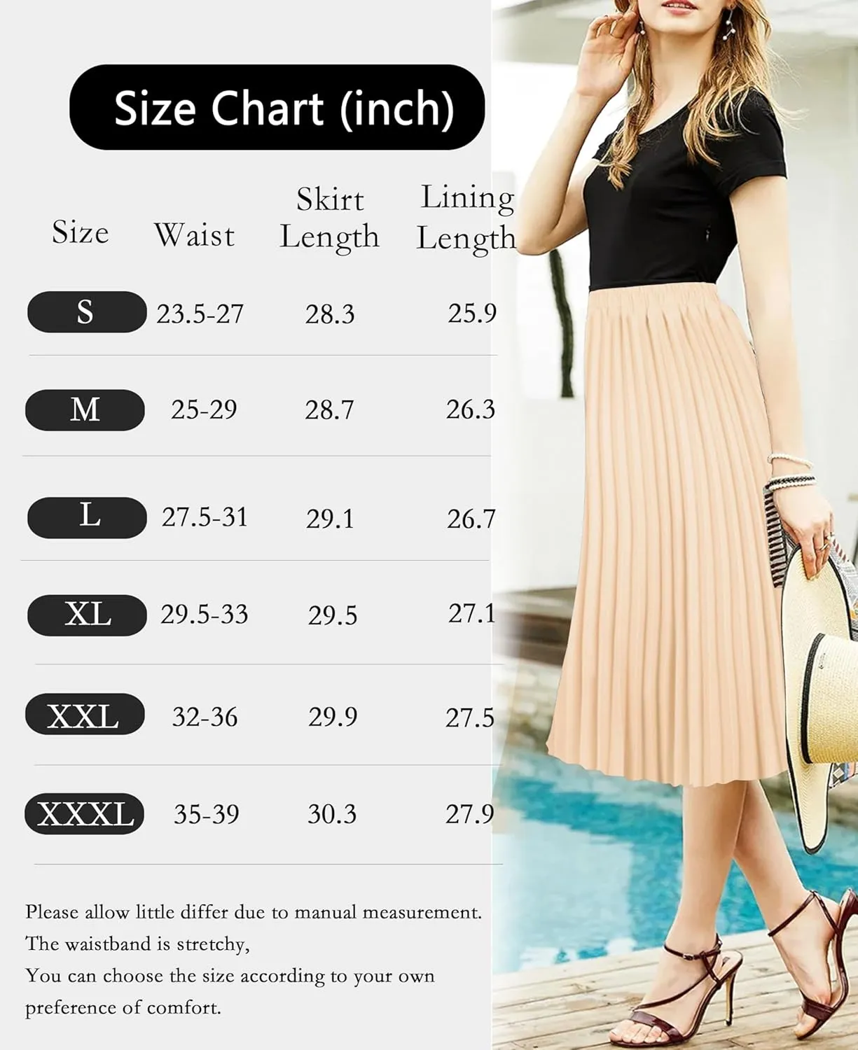 Women's Pleated Skirts High Elastic Waist A-Line Swing Skirt Midi Length