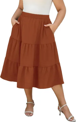 Women's Plus Size Casual Summer Midi Skirt with Pockets 1X-4X Tiered Lightweight Crinkle Fabric A-line Skirts
