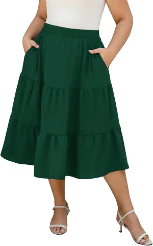 Women's Plus Size Casual Summer Midi Skirt with Pockets 1X-4X Tiered Lightweight Crinkle Fabric A-line Skirts