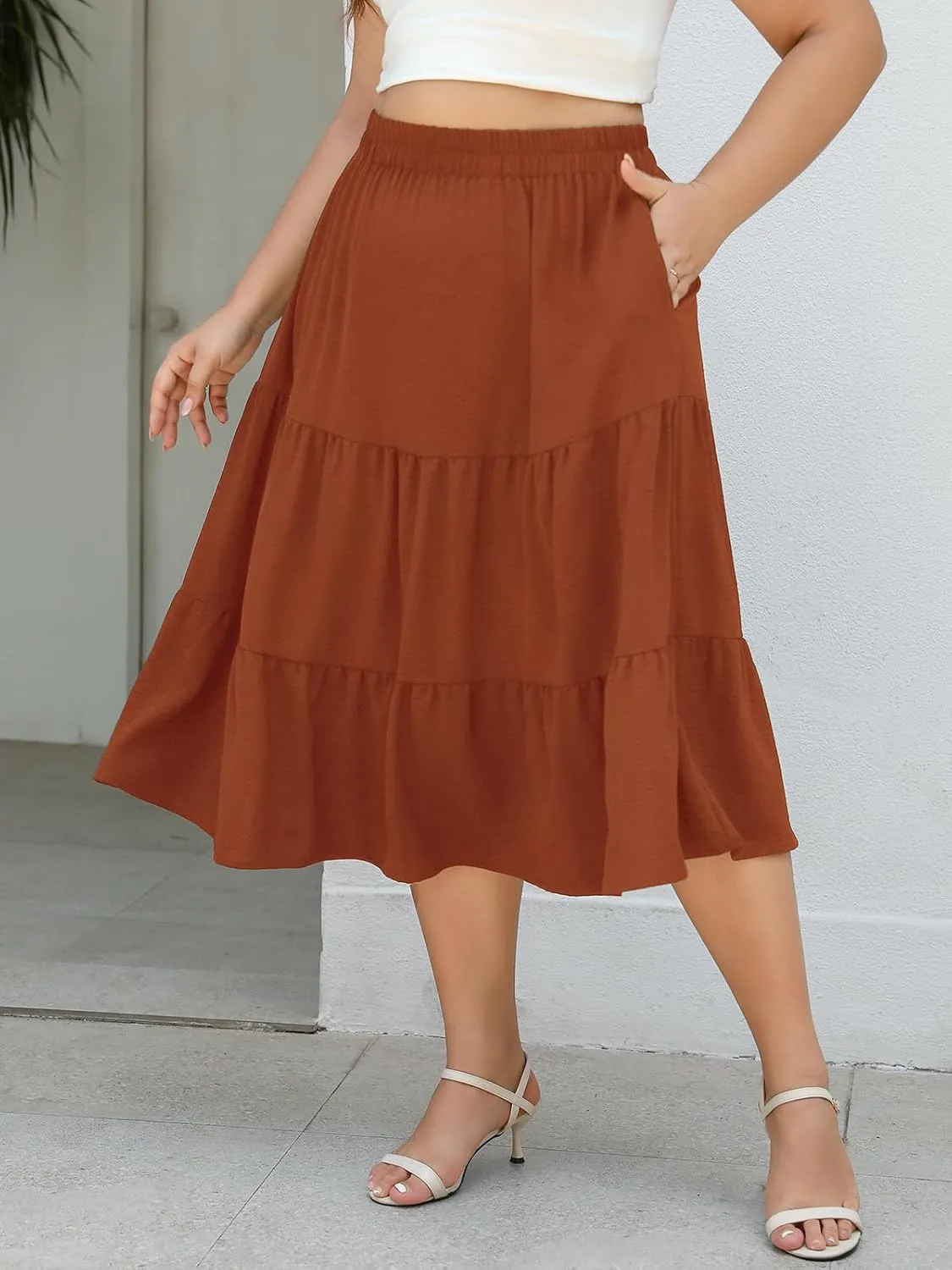 Women's Plus Size Casual Summer Midi Skirt with Pockets 1X-4X Tiered Lightweight Crinkle Fabric A-line Skirts