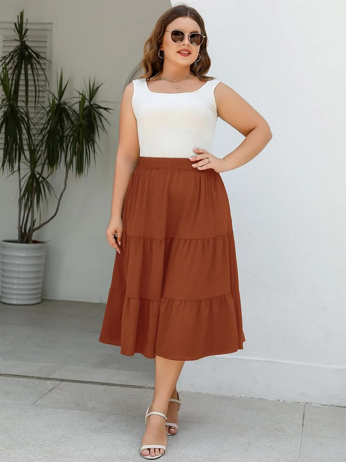Women's Plus Size Casual Summer Midi Skirt with Pockets 1X-4X Tiered Lightweight Crinkle Fabric A-line Skirts