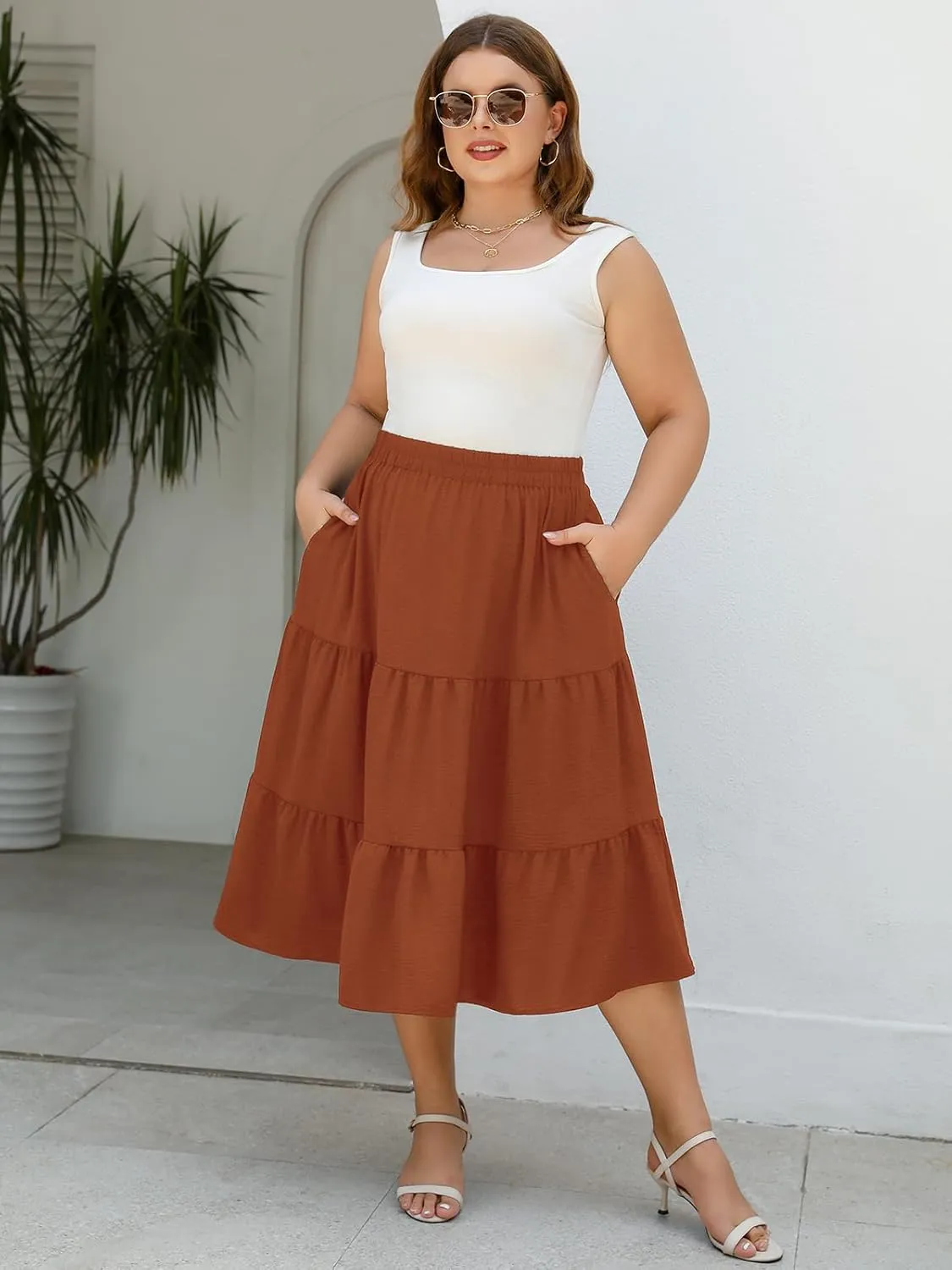 Women's Plus Size Casual Summer Midi Skirt with Pockets 1X-4X Tiered Lightweight Crinkle Fabric A-line Skirts