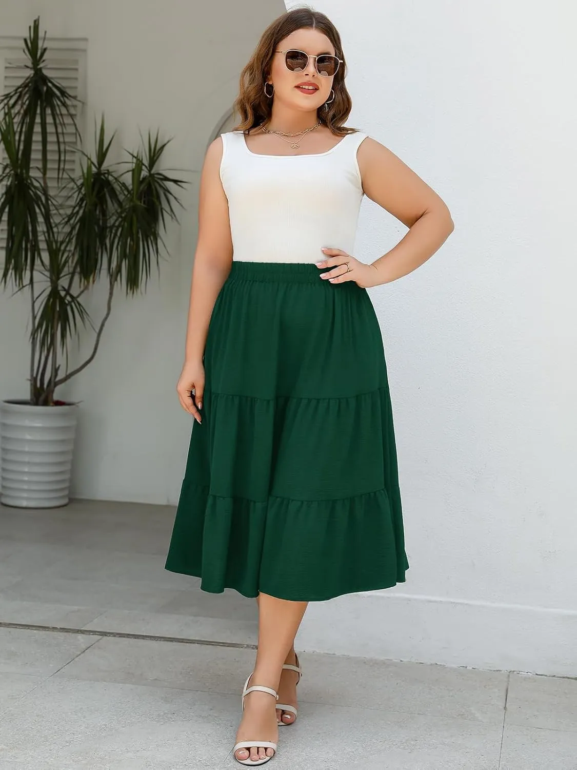 Women's Plus Size Casual Summer Midi Skirt with Pockets 1X-4X Tiered Lightweight Crinkle Fabric A-line Skirts