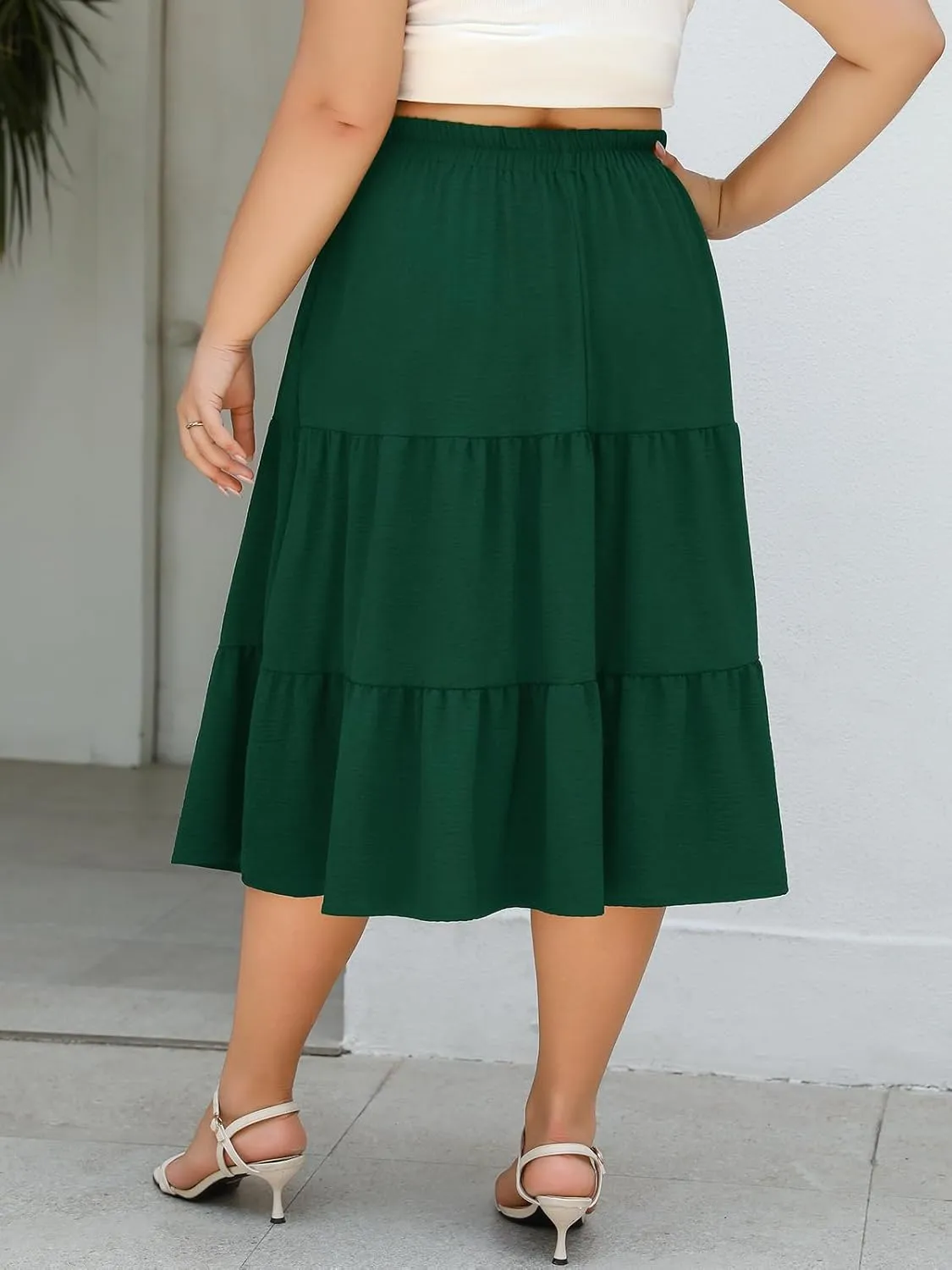 Women's Plus Size Casual Summer Midi Skirt with Pockets 1X-4X Tiered Lightweight Crinkle Fabric A-line Skirts