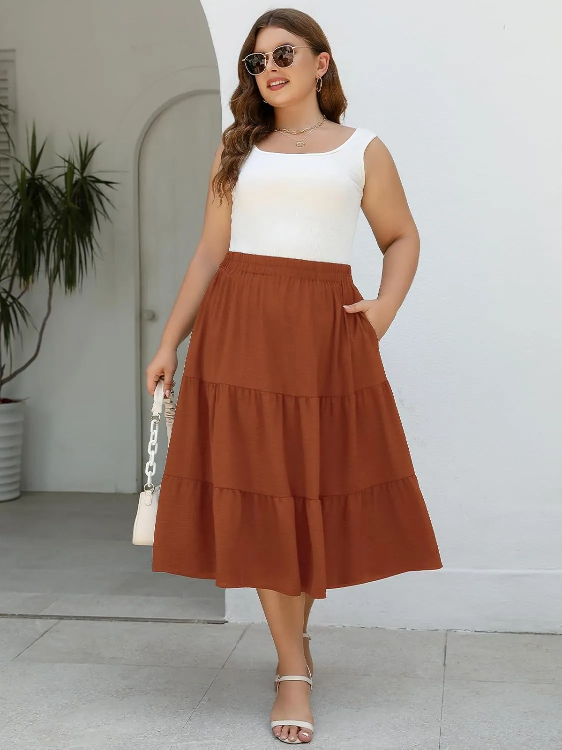 Women's Plus Size Casual Summer Midi Skirt with Pockets 1X-4X Tiered Lightweight Crinkle Fabric A-line Skirts
