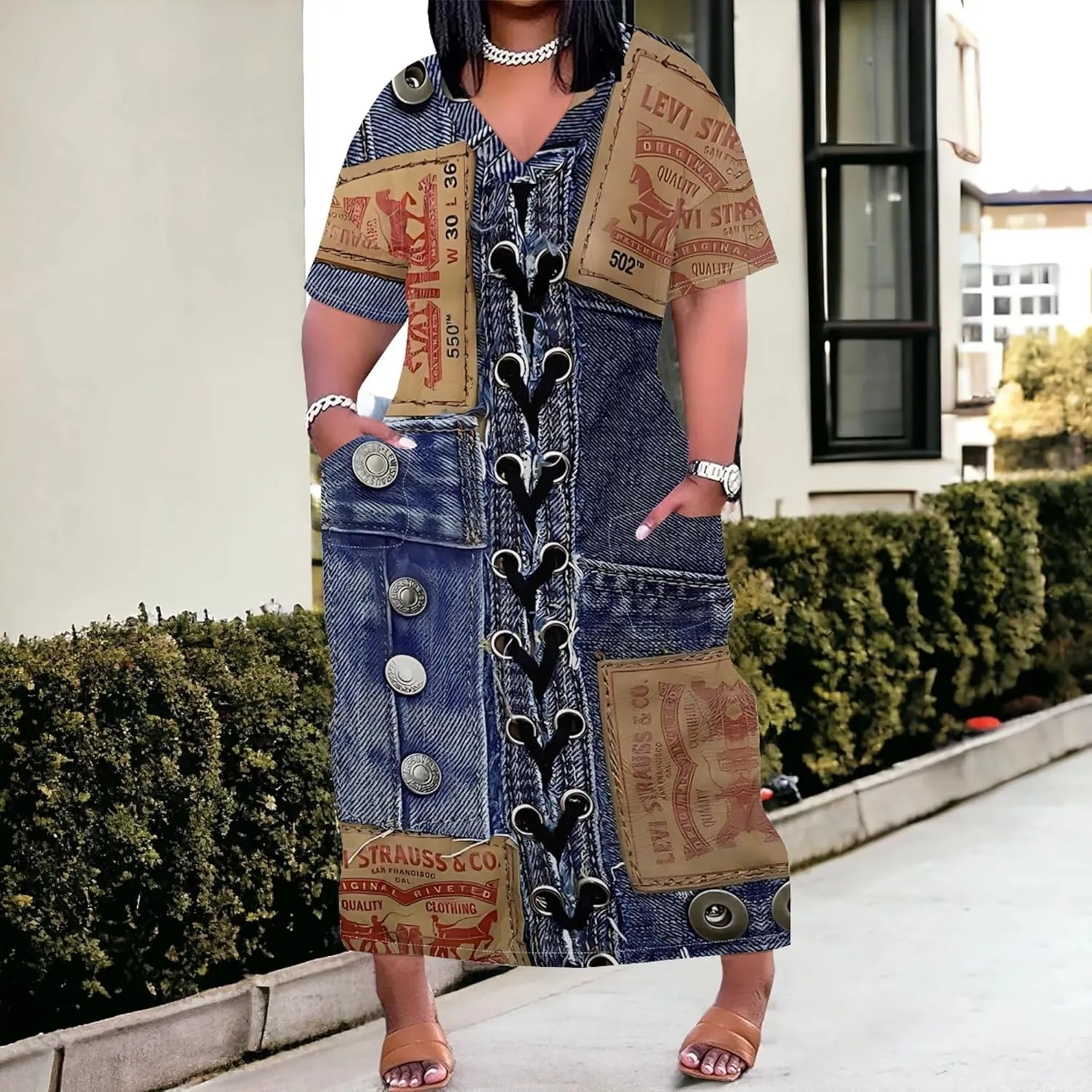 Womens Plus Size Denim 3D Print Fashion Maxi Dresses Casual Soft Tshirt Dress
