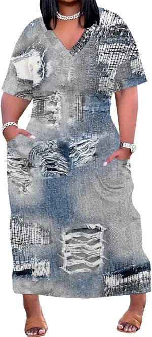 Womens Plus Size Denim 3D Print Fashion Maxi Dresses Casual Soft Tshirt Dress