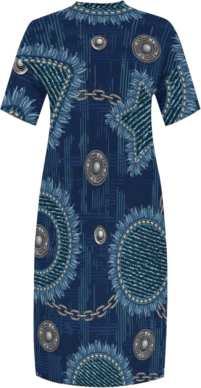 Womens Plus Size Denim 3D Print Fashion Maxi Dresses Casual Soft Tshirt Dress