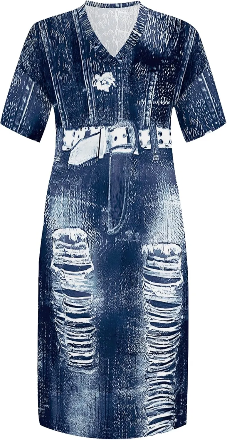 Womens Plus Size Denim 3D Print Fashion Maxi Dresses Casual Soft Tshirt Dress