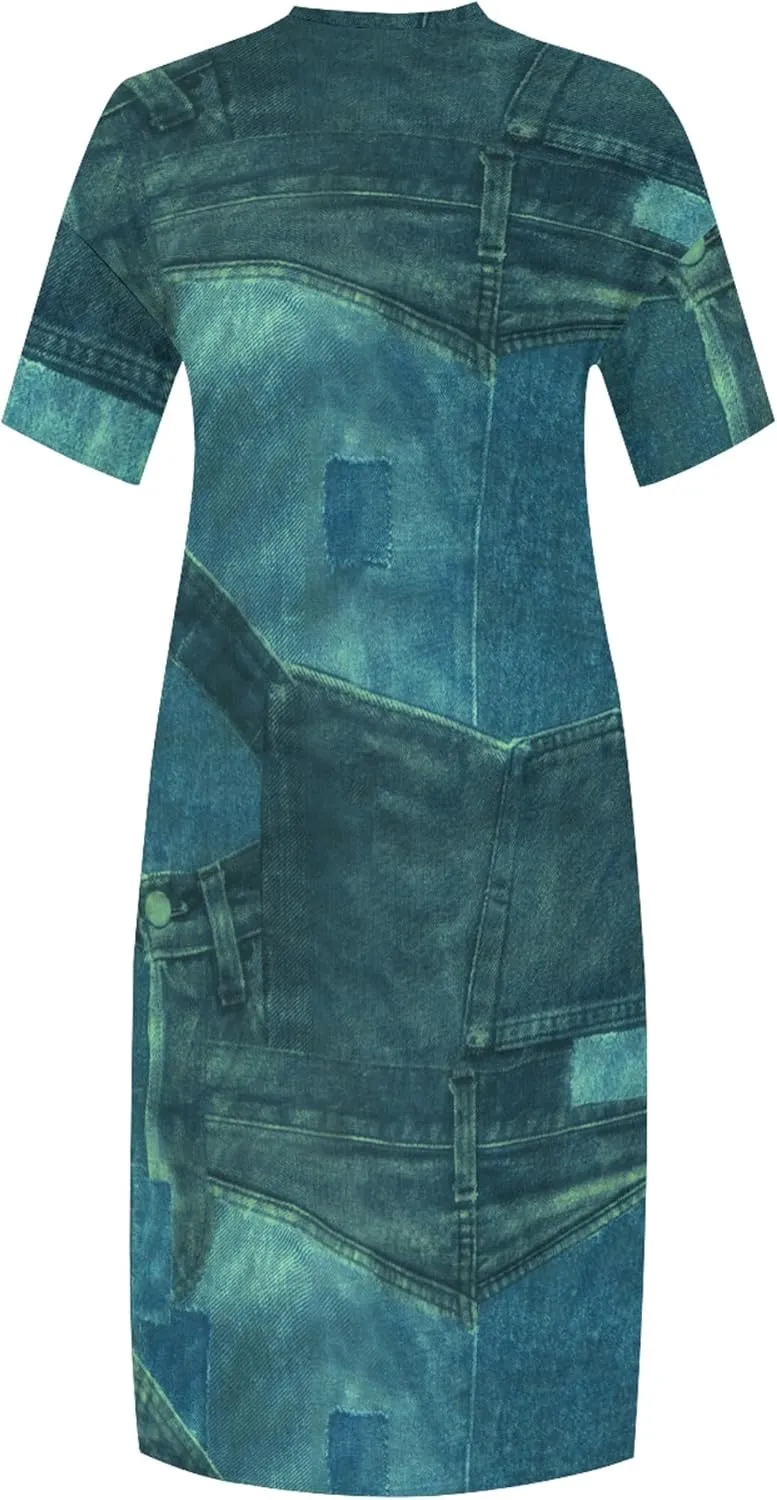 Womens Plus Size Denim 3D Print Fashion Maxi Dresses Casual Soft Tshirt Dress
