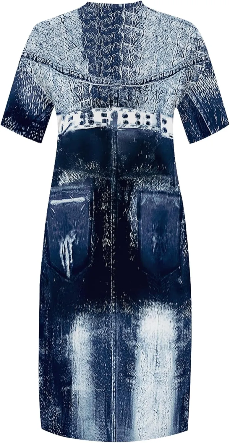 Womens Plus Size Denim 3D Print Fashion Maxi Dresses Casual Soft Tshirt Dress